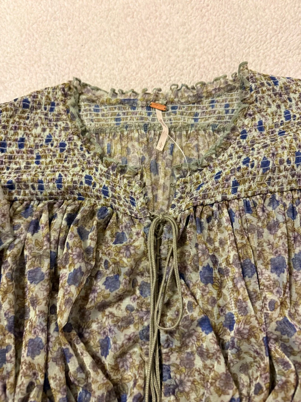 Free People Beatrice Floral Smocked Peasant Corset Blouse Top Green Puff Sleeve